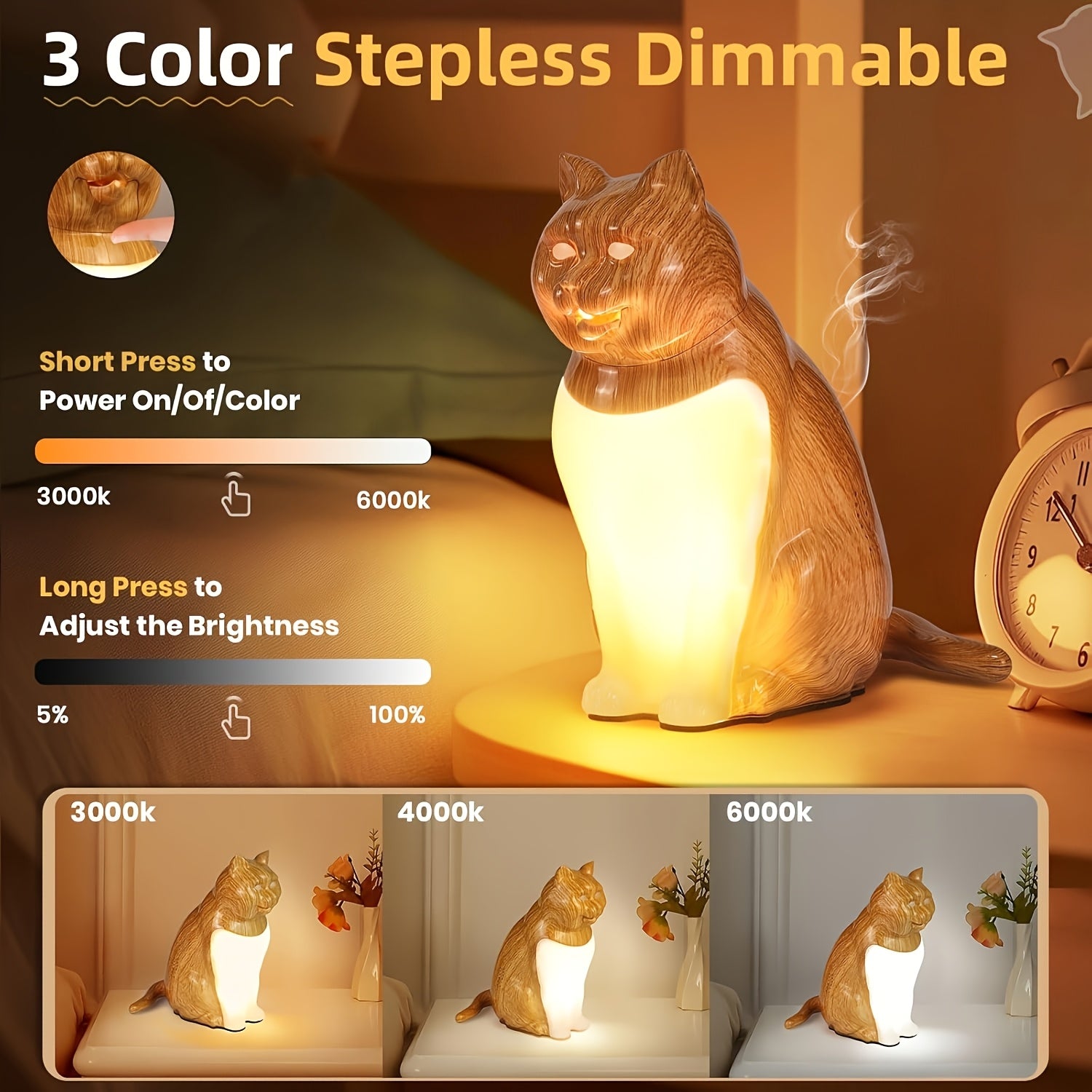 Cute Cat-Shaped LED Table Lamp with Touch Control, USB Rechargeable, 3-Color Dimmable Light, Warm Glow for Bedroom, Living Room, Study, and Dining Room - Perfect Holiday Gift for Christmas and Halloween, Cat Decor
