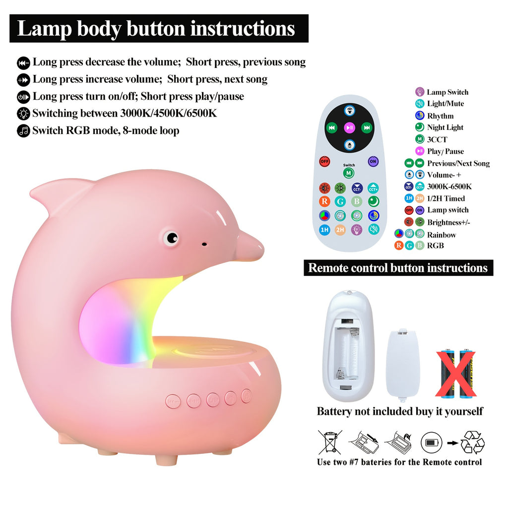 [Smart RGB Light] Smart RGB Light with Wireless Speaker & Fast Wireless Charger - Adjustable Brightness Dolphin Desk Lamp, USB Type-C, Wireless, Bedroom Night Light, Valentine's Day Gift, Camping, Wedding, Halloween, Christmas Decor