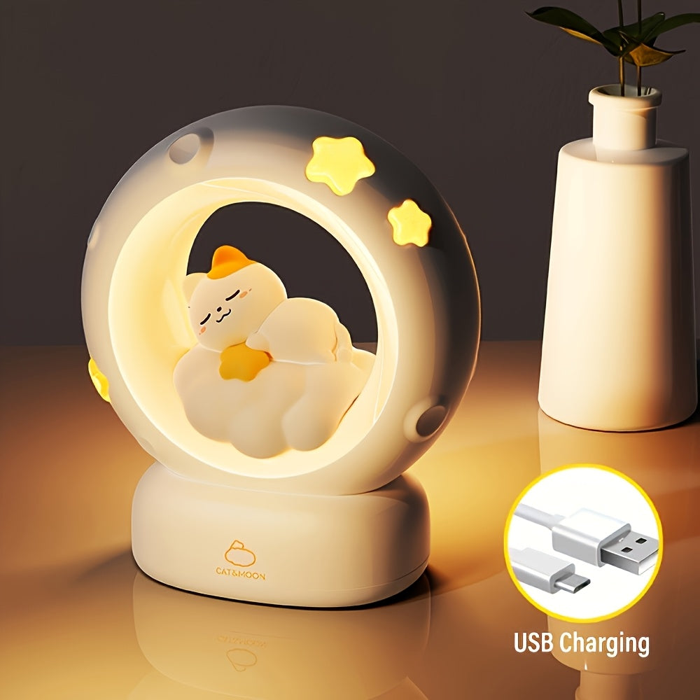 1pc Sleeping Cat Smart Lamp, USB Rechargeable Companion Sleeping Lamp, 3 Speed Dimming Table Lamp, 3 Levels of Brightness Adjustment Soft Light, Office Decompression Lamp, Decorative Cute Sleeping Bedside Lamp for Bedroom, Living Room, Holiday Gift