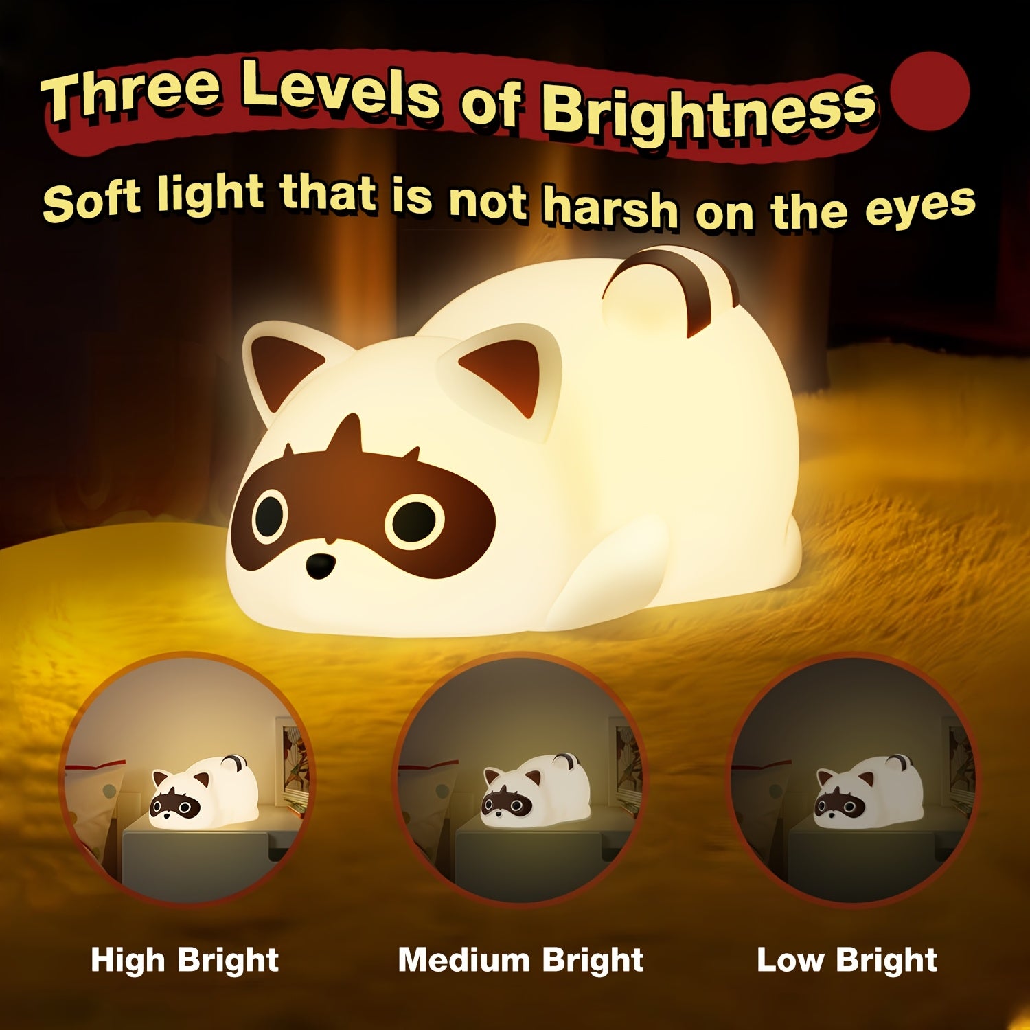 [Cute Raccoon Night Light] Cute Raccoon Night Light For Kids | Dimmable Rechargable Led Lamp Baby Nursery Bedroom Table Desk Lamp | Cool Stuff Fun Kawaii Room Decor Aesthetic Novelty Accessories, Gift For Women Home Decor Easter Gift