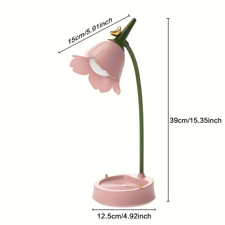 Cute LED Desk Lamp Kawaii Desk Accessories, Flower And Bird Desk Lamp USB Rechargeable, 3 Color Modes, Stepless Dimming, Touch Sensor Switch Kawaii Room Decoration Lamp, Reading Lamp Night Light