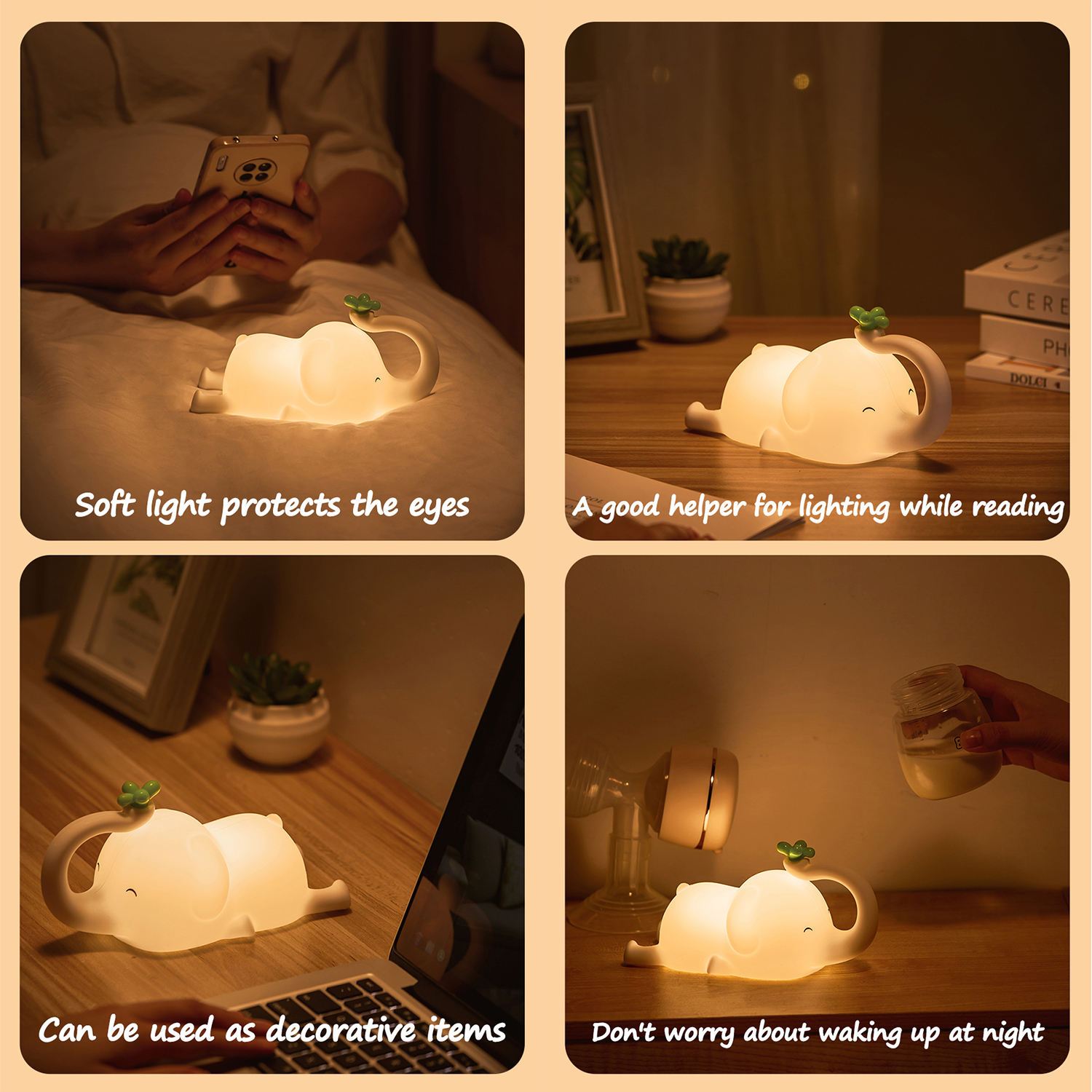 1pc USB Rechargeable Elephant-Shaped LED Night Light, Silicone Pat Lamp for Sleep, Portable Induction Bedside Stand, Indoor Use, Electronic Components, Lithium Battery, USB Charging, ≤36V