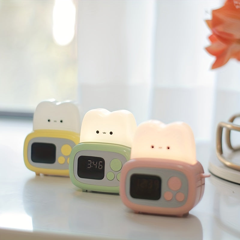 QANYI Modern Freestanding Bedside Alarm Clock Night Light, Adjustable Soft Light, USB Rechargeable Lithium Battery, Button Control, Plastic Shade, for Bedroom Tabletop Use