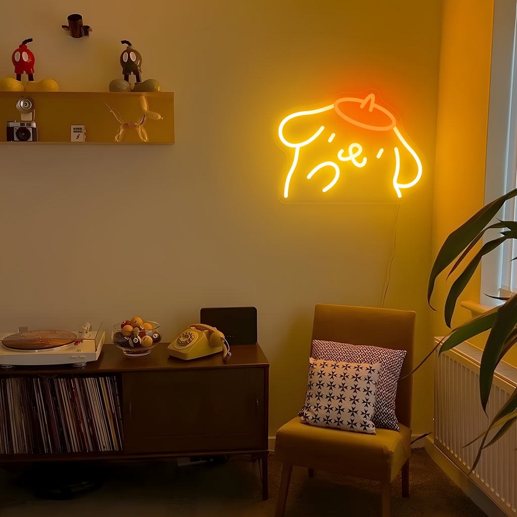 1pc Sanrio POMPOMPURIN Dog Neon Sign Wall Decor - Vibrant Orange LED Kawaii Night Light, USB-Powered with Switch, Cute Bedroom Decor for Girls, Teens, Birthday Gift for Sanrio Fans, Teenage Room Lighting, Playful Design
