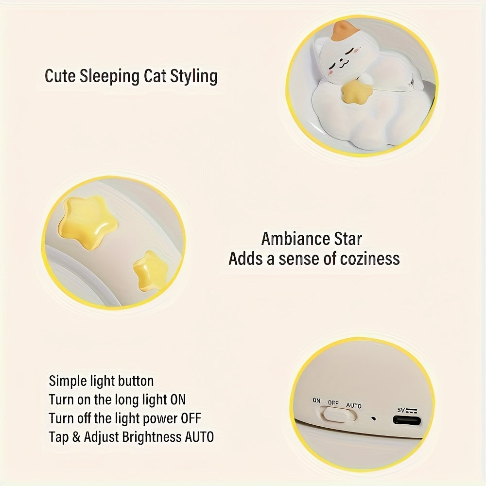 1pc Sleeping Cat Smart Lamp, USB Rechargeable Companion Sleeping Lamp, 3 Speed Dimming Table Lamp, 3 Levels of Brightness Adjustment Soft Light, Office Decompression Lamp, Decorative Cute Sleeping Bedside Lamp for Bedroom, Living Room, Holiday Gift