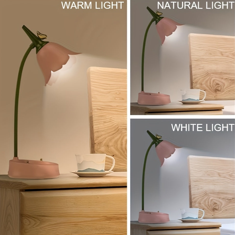 Cute LED Desk Lamp Kawaii Desk Accessories, Flower And Bird Desk Lamp USB Rechargeable, 3 Color Modes, Stepless Dimming, Touch Sensor Switch Kawaii Room Decoration Lamp, Reading Lamp Night Light