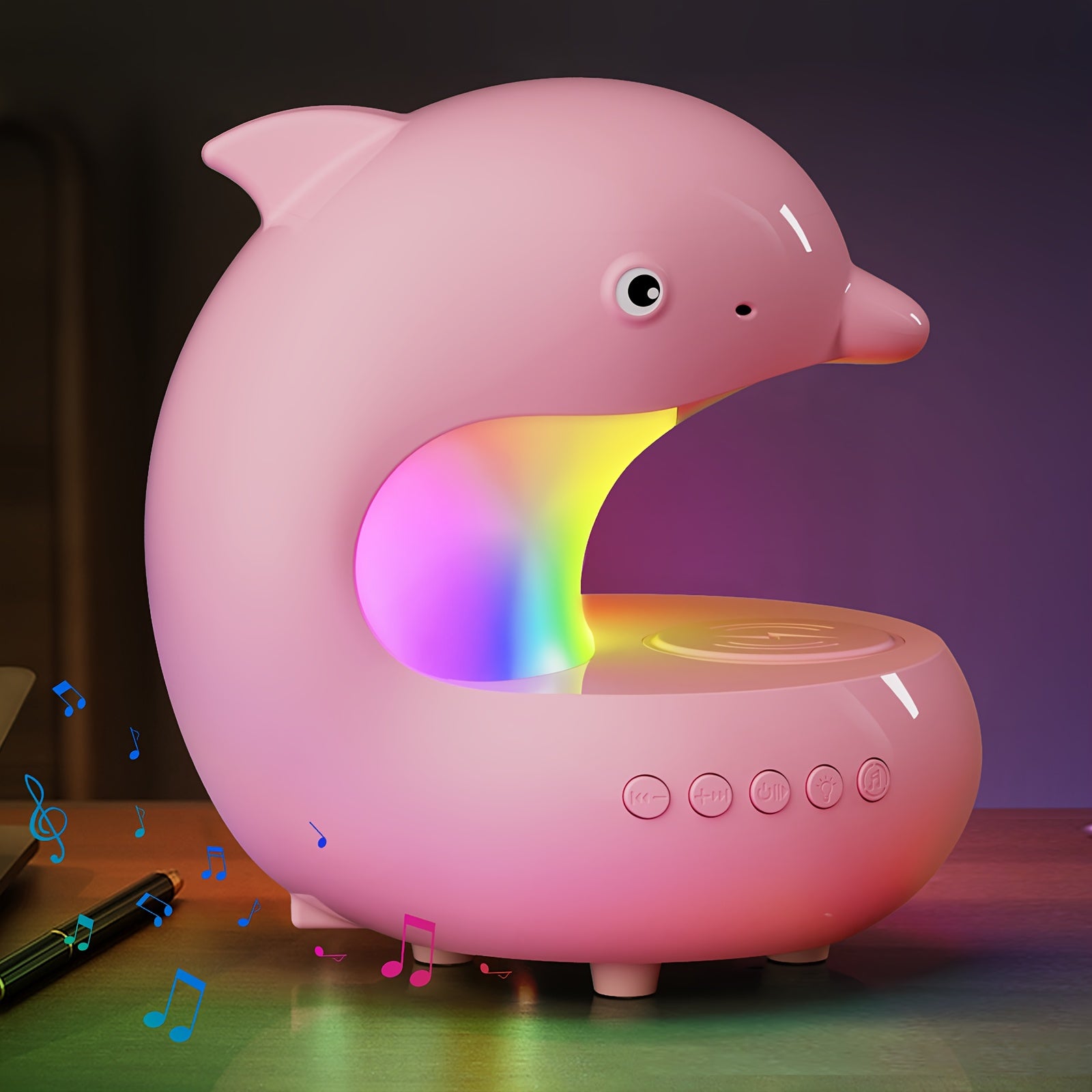 [Smart RGB Light] Smart RGB Light with Wireless Speaker & Fast Wireless Charger - Adjustable Brightness Dolphin Desk Lamp, USB Type-C, Wireless, Bedroom Night Light, Valentine's Day Gift, Camping, Wedding, Halloween, Christmas Decor