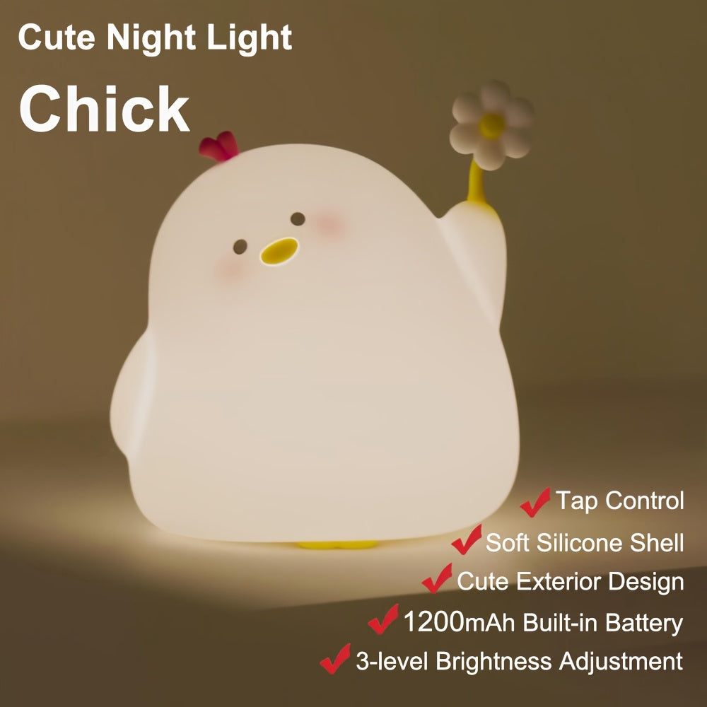 1pc Cute Chick Night Light, 1200mAh Battery LED Bedside Lights, Tapping Control, 3-level Brightness Adjustable, 30 Minute Timer, Great Gift for Birthdays Christmas for Family Friends