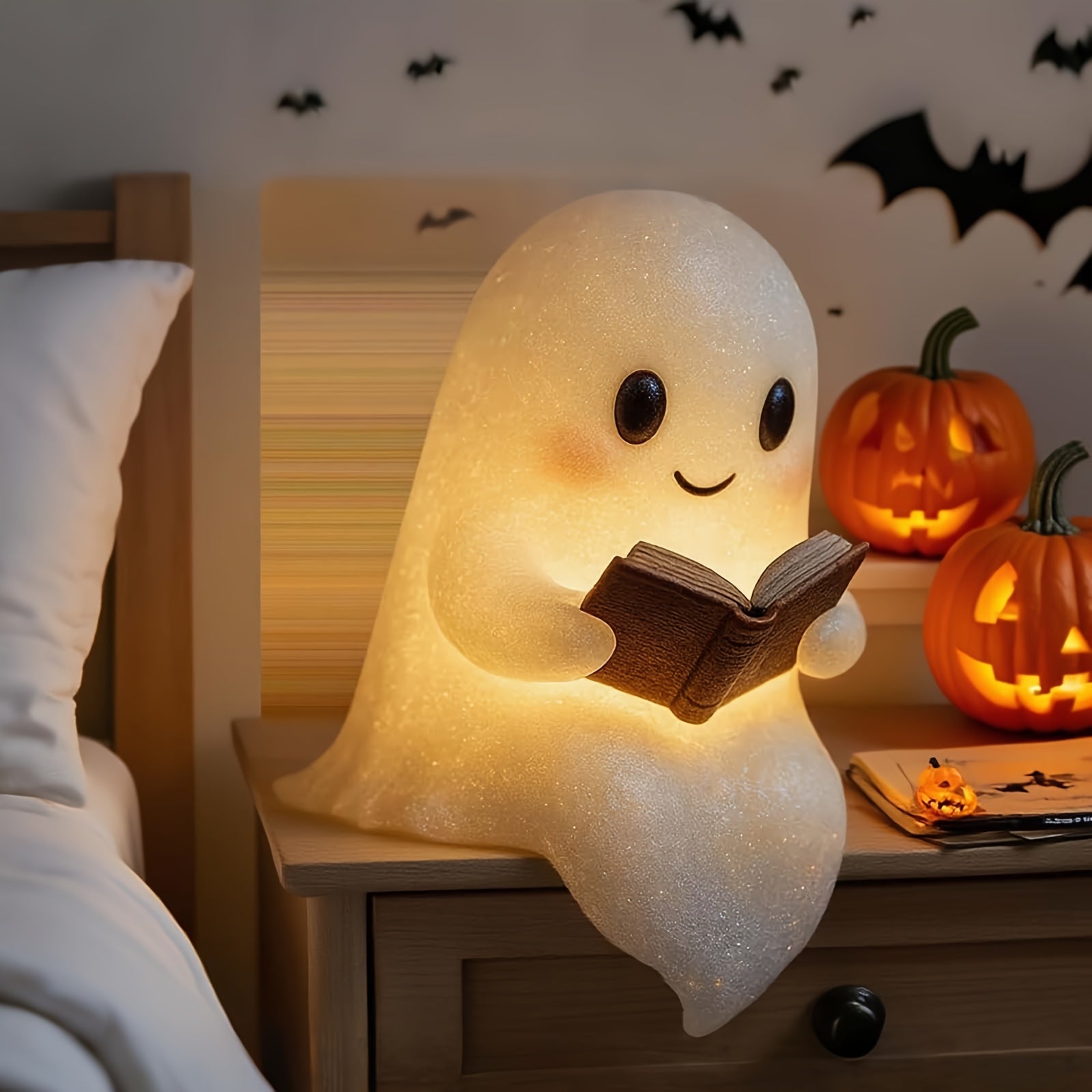 Cute Reading Book Lamp, New Halloween Light Up Statue Night Light with Smile, Light House Mantel Decoration, Halloween Home Office Decor, Funny Indoor Ghosts Figurine Decor for Bedroom Living Room