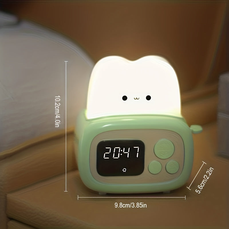 QANYI Modern Freestanding Bedside Alarm Clock Night Light, Adjustable Soft Light, USB Rechargeable Lithium Battery, Button Control, Plastic Shade, for Bedroom Tabletop Use