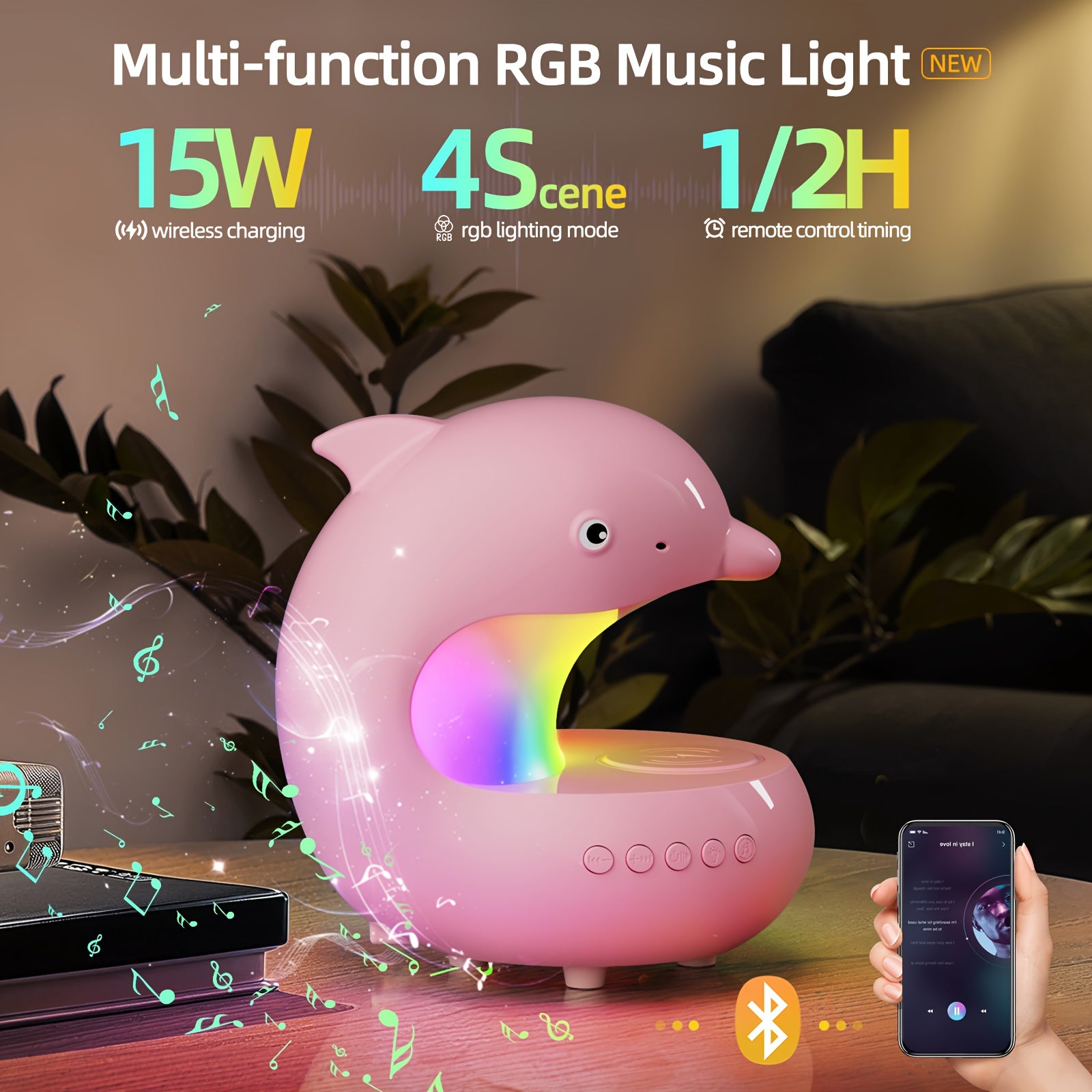 [Smart RGB Light] Smart RGB Light with Wireless Speaker & Fast Wireless Charger - Adjustable Brightness Dolphin Desk Lamp, USB Type-C, Wireless, Bedroom Night Light, Valentine's Day Gift, Camping, Wedding, Halloween, Christmas Decor
