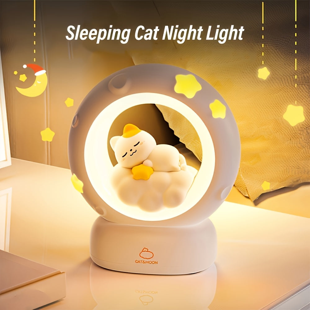 1pc Sleeping Cat Smart Lamp, USB Rechargeable Companion Sleeping Lamp, 3 Speed Dimming Table Lamp, 3 Levels of Brightness Adjustment Soft Light, Office Decompression Lamp, Decorative Cute Sleeping Bedside Lamp for Bedroom, Living Room, Holiday Gift