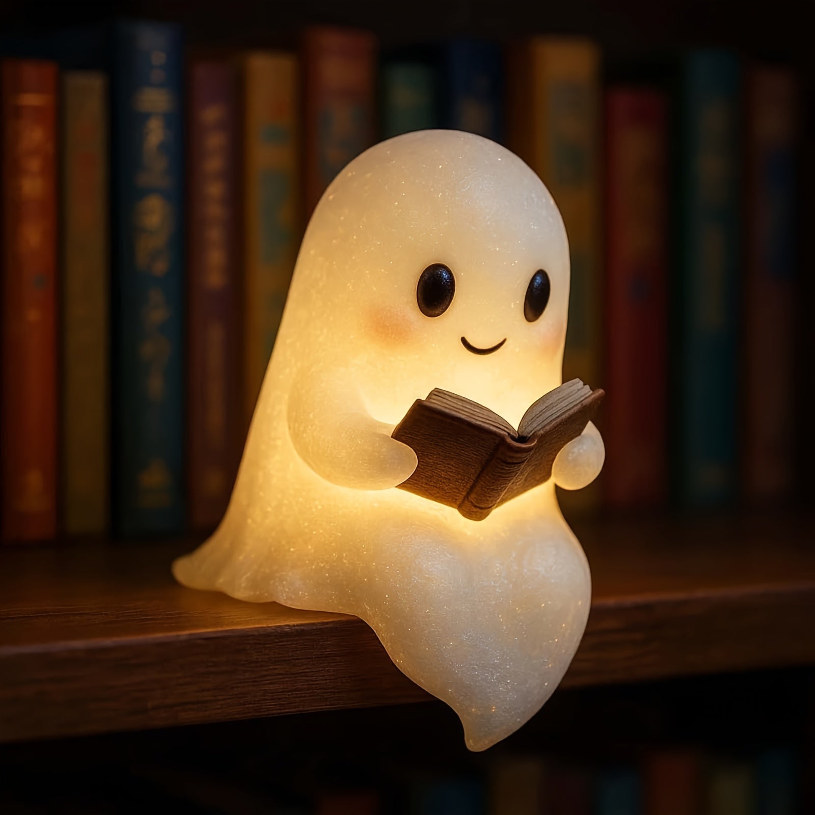 Cute Reading Book Lamp, New Halloween Light Up Statue Night Light with Smile, Light House Mantel Decoration, Halloween Home Office Decor, Funny Indoor Ghosts Figurine Decor for Bedroom Living Room
