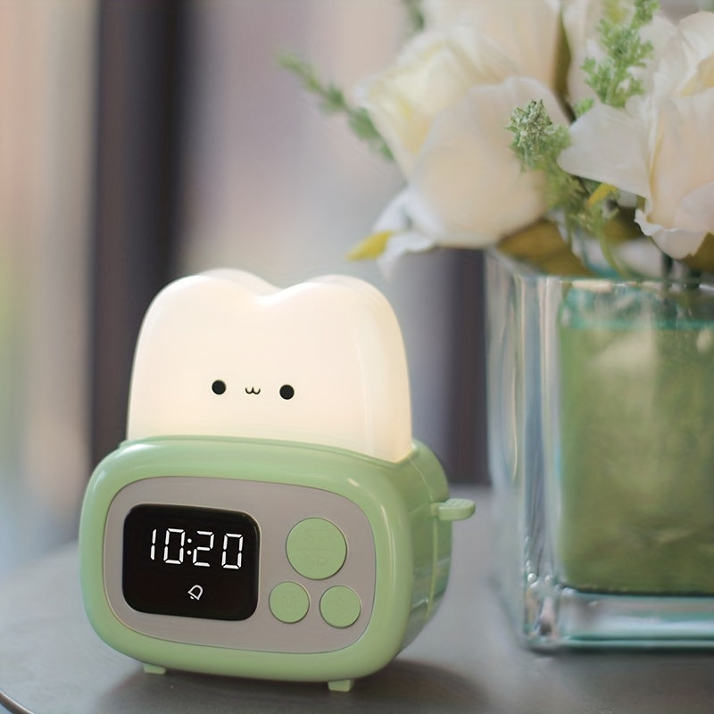 QANYI Modern Freestanding Bedside Alarm Clock Night Light, Adjustable Soft Light, USB Rechargeable Lithium Battery, Button Control, Plastic Shade, for Bedroom Tabletop Use