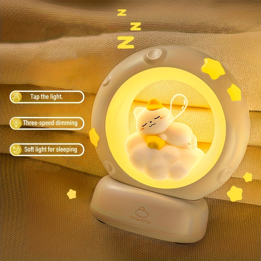 1pc Sleeping Cat Smart Lamp, USB Rechargeable Companion Sleeping Lamp, 3 Speed Dimming Table Lamp, 3 Levels of Brightness Adjustment Soft Light, Office Decompression Lamp, Decorative Cute Sleeping Bedside Lamp for Bedroom, Living Room, Holiday Gift