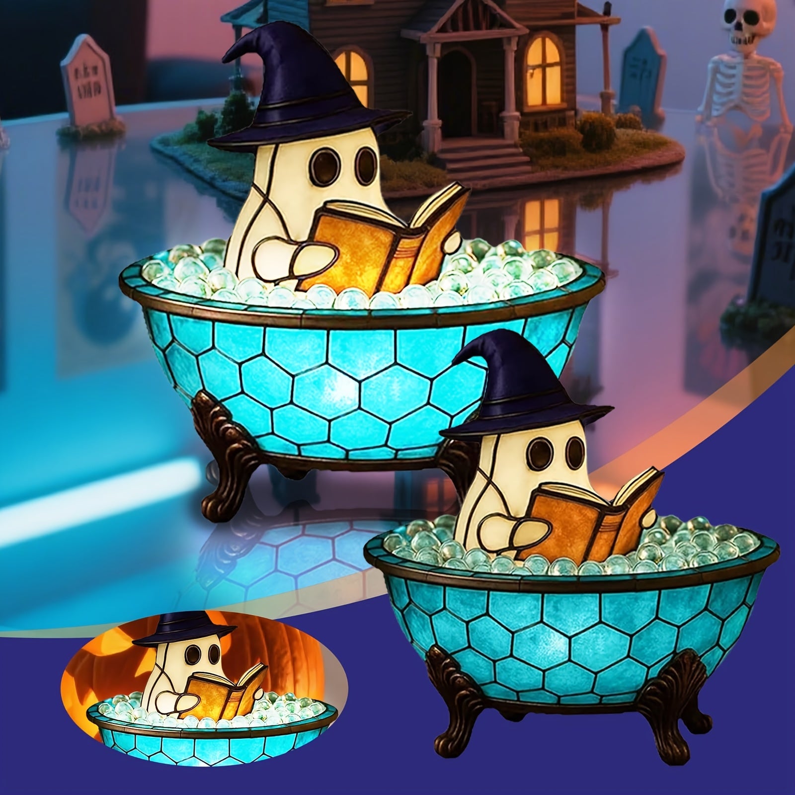 Cute Bathtub Night Light - USB Powered for Bathroom, Desktop, Halloween Decoration - with Witch Hat - Low-Power Bedside Lamp - Resin Home Decor Lamp, Party or Horror Theme Idea, Stylish Design, Smooth Surface, Home Decor, Playful Lighting, Durable
