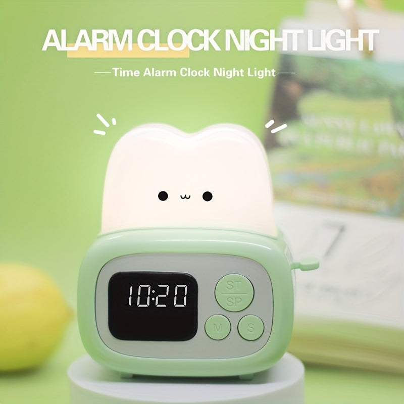 QANYI Modern Freestanding Bedside Alarm Clock Night Light, Adjustable Soft Light, USB Rechargeable Lithium Battery, Button Control, Plastic Shade, for Bedroom Tabletop Use