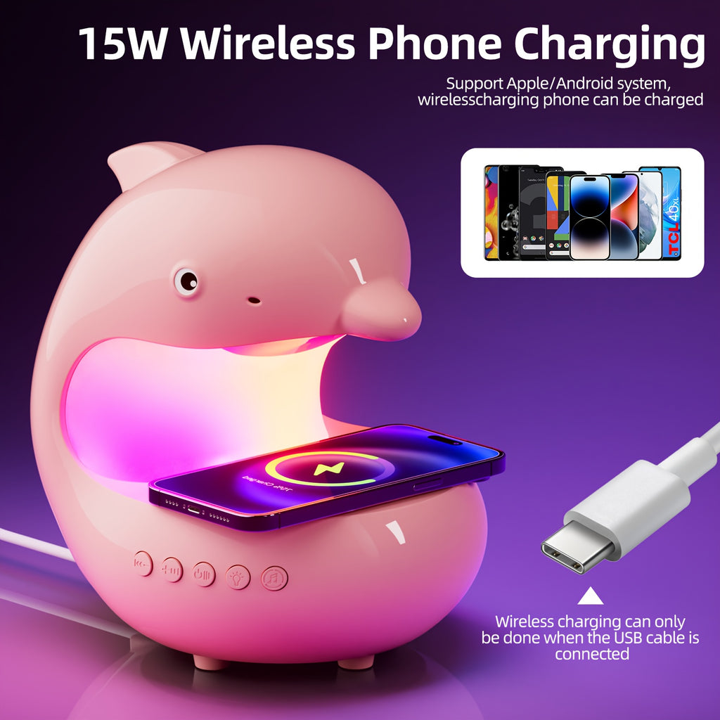 [Smart RGB Light] Smart RGB Light with Wireless Speaker & Fast Wireless Charger - Adjustable Brightness Dolphin Desk Lamp, USB Type-C, Wireless, Bedroom Night Light, Valentine's Day Gift, Camping, Wedding, Halloween, Christmas Decor