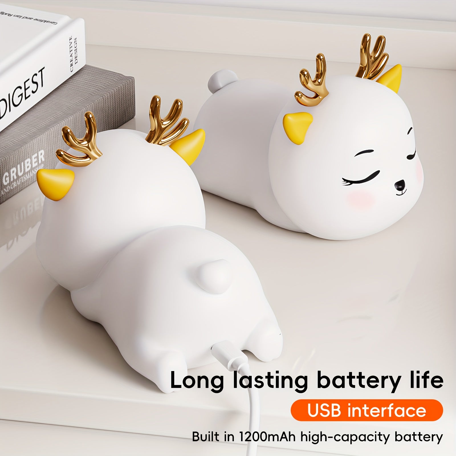 Bedroom [Accompany Sleeping] Ambient Night Light, 2 Cute Little Animal [elk] Style [gradient 7-color] Night Light, USB | Type+(1200mAh Lithium Battery) with Large Capacity Battery Life, Bidding Farewell to Frequent Charging Anxiety Night Light