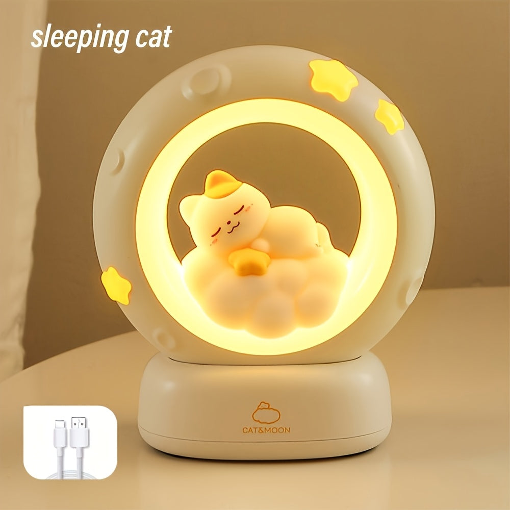 1pc Sleeping Cat Smart Lamp, USB Rechargeable Companion Sleeping Lamp, 3 Speed Dimming Table Lamp, 3 Levels of Brightness Adjustment Soft Light, Office Decompression Lamp, Decorative Cute Sleeping Bedside Lamp for Bedroom, Living Room, Holiday Gift