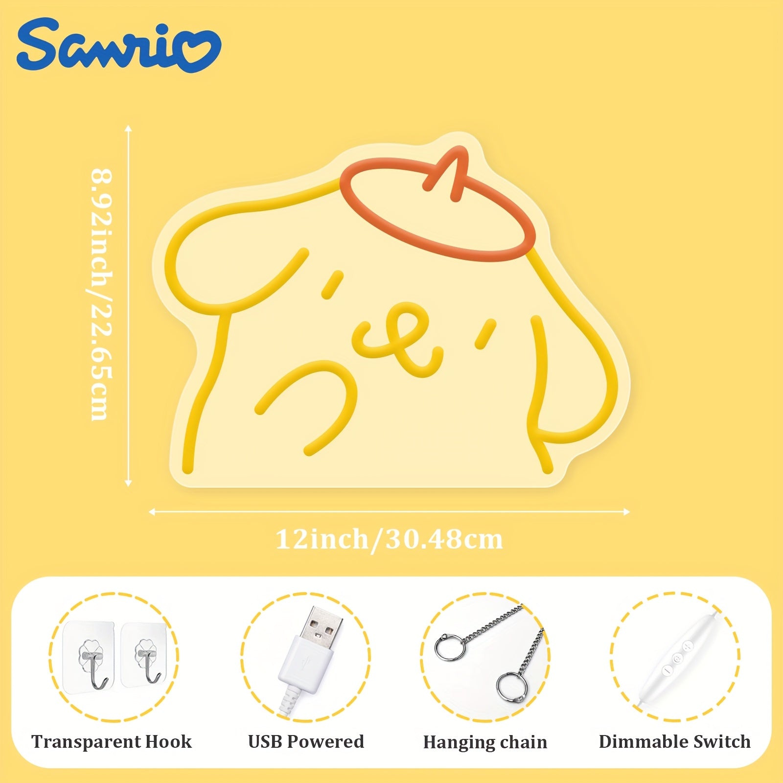 1pc Sanrio POMPOMPURIN Dog Neon Sign Wall Decor - Vibrant Orange LED Kawaii Night Light, USB-Powered with Switch, Cute Bedroom Decor for Girls, Teens, Birthday Gift for Sanrio Fans, Teenage Room Lighting, Playful Design