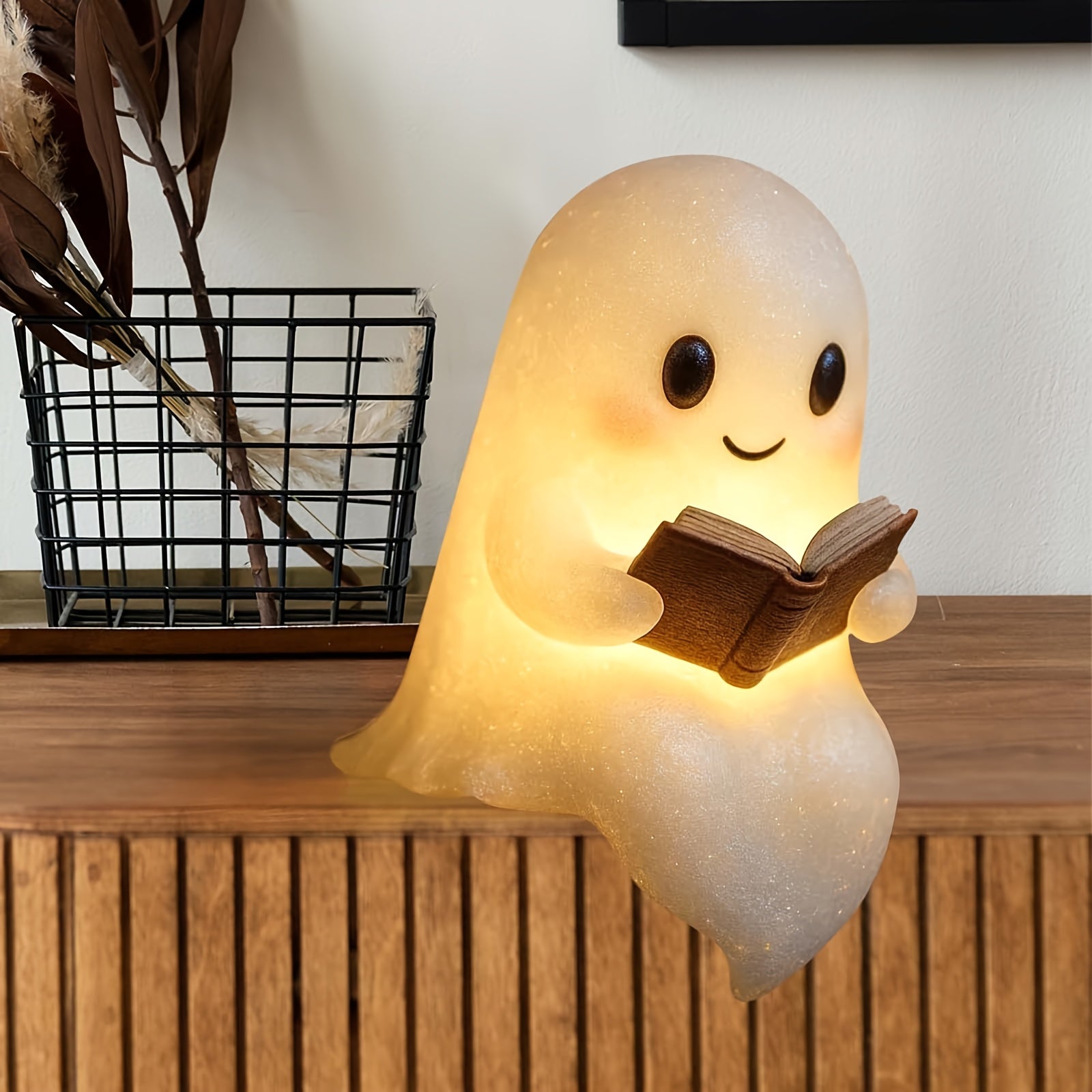 Cute Reading Book Lamp, New Halloween Light Up Statue Night Light with Smile, Light House Mantel Decoration, Halloween Home Office Decor, Funny Indoor Ghosts Figurine Decor for Bedroom Living Room