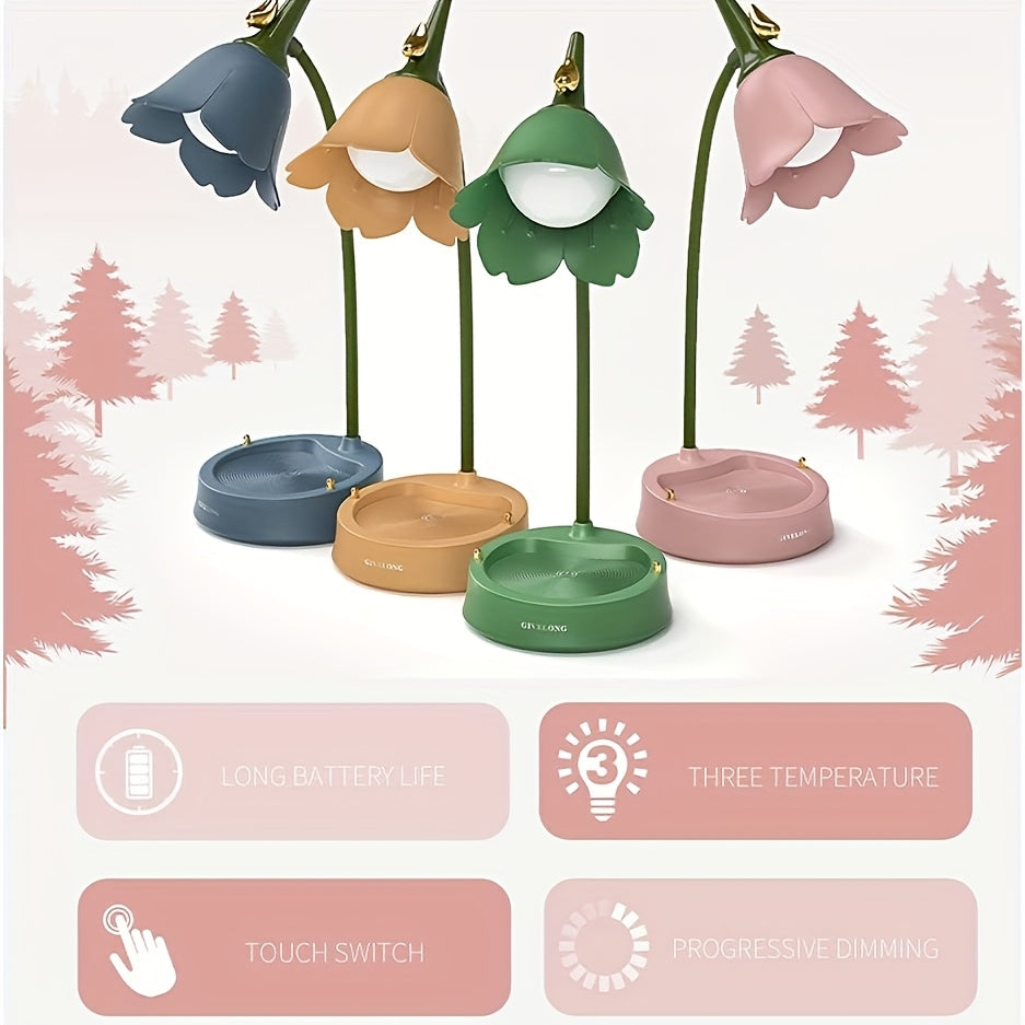 Cute LED Desk Lamp Kawaii Desk Accessories, Flower And Bird Desk Lamp USB Rechargeable, 3 Color Modes, Stepless Dimming, Touch Sensor Switch Kawaii Room Decoration Lamp, Reading Lamp Night Light