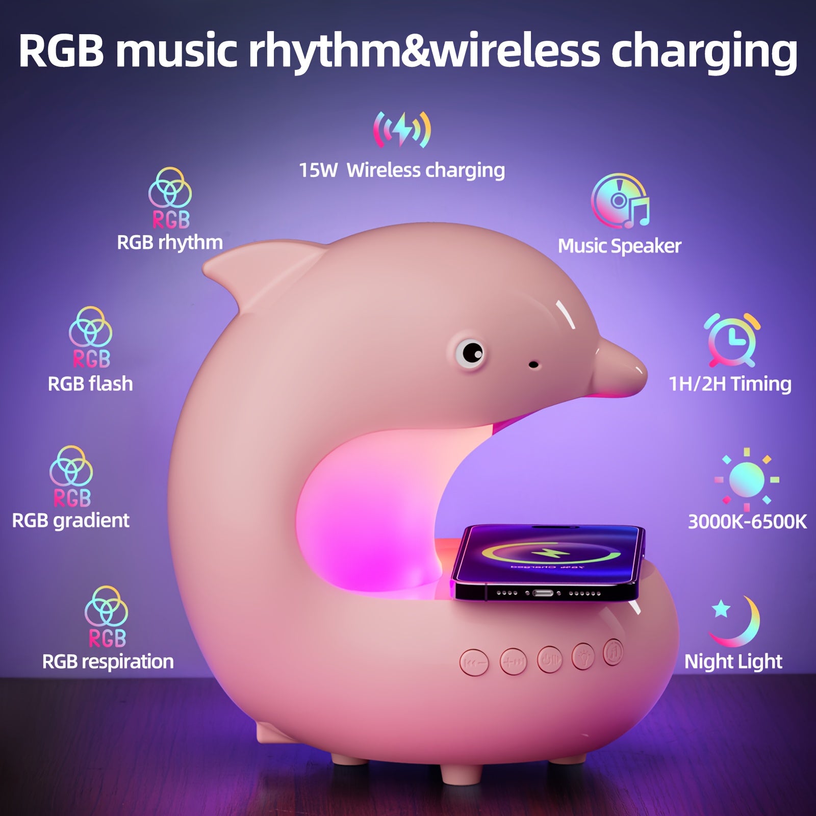 [Smart RGB Light] Smart RGB Light with Wireless Speaker & Fast Wireless Charger - Adjustable Brightness Dolphin Desk Lamp, USB Type-C, Wireless, Bedroom Night Light, Valentine's Day Gift, Camping, Wedding, Halloween, Christmas Decor
