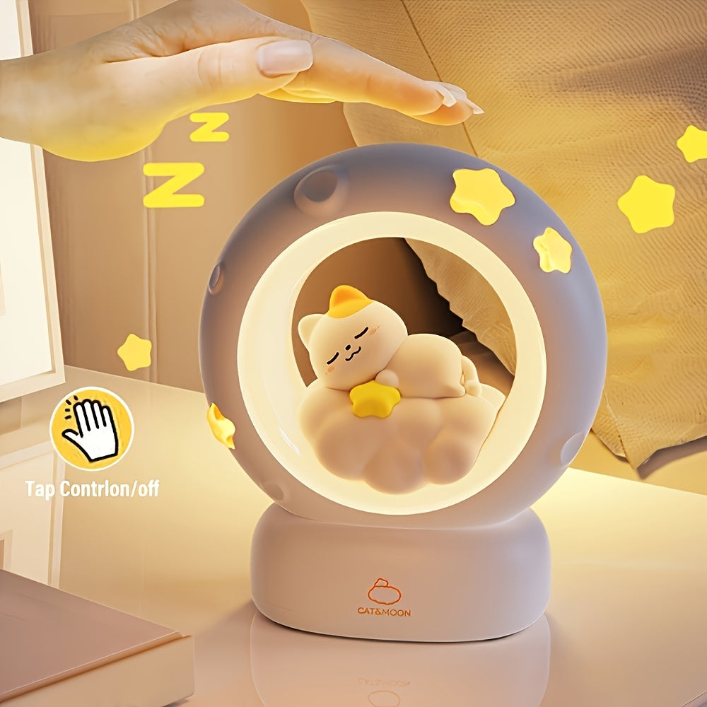 1pc Sleeping Cat Smart Lamp, USB Rechargeable Companion Sleeping Lamp, 3 Speed Dimming Table Lamp, 3 Levels of Brightness Adjustment Soft Light, Office Decompression Lamp, Decorative Cute Sleeping Bedside Lamp for Bedroom, Living Room, Holiday Gift
