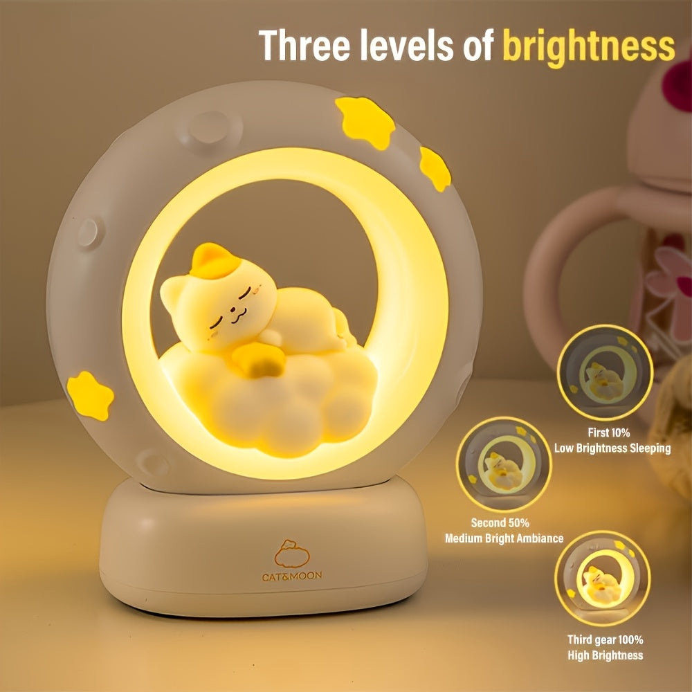 1pc Sleeping Cat Smart Lamp, USB Rechargeable Companion Sleeping Lamp, 3 Speed Dimming Table Lamp, 3 Levels of Brightness Adjustment Soft Light, Office Decompression Lamp, Decorative Cute Sleeping Bedside Lamp for Bedroom, Living Room, Holiday Gift